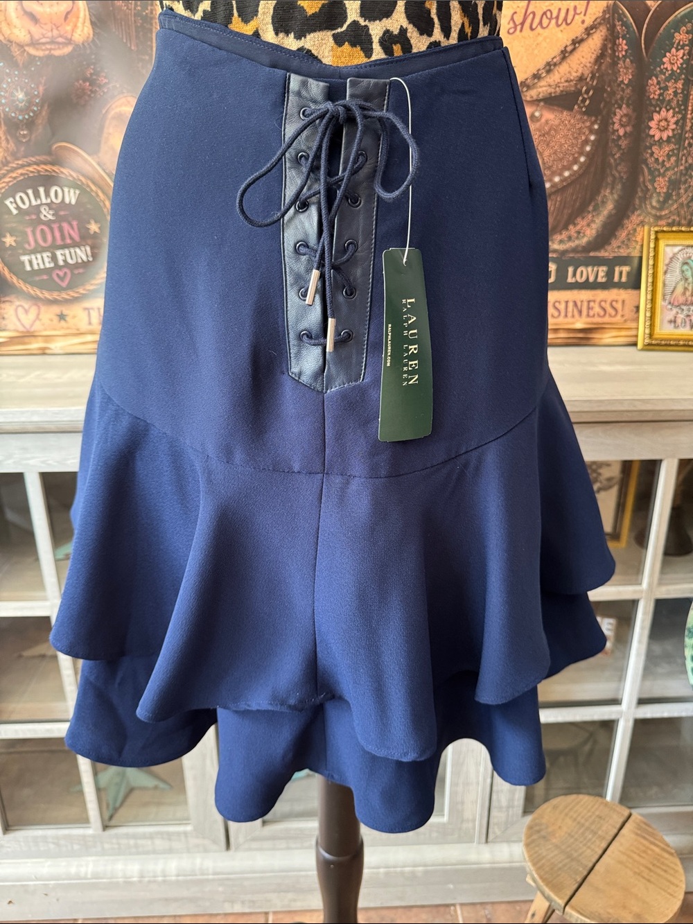 NWT Lauren Ralph Lauren Navy Lace-Up Tiered Ruffle Skirt Sz 16